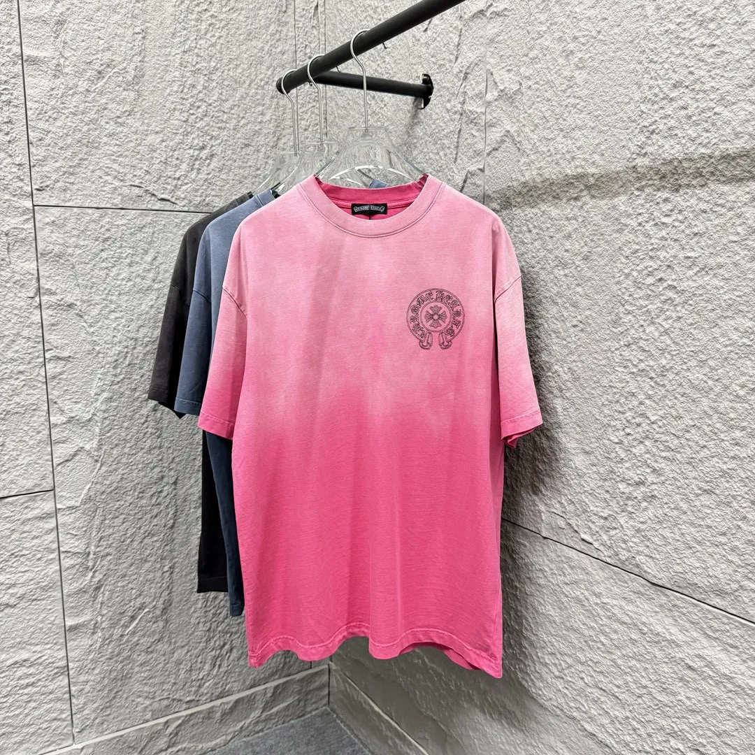 🅿️200 CH Croix Heart 2025 Summer New Style Heavy Acid Washing Gradient Distressing Chest Logo Classic Embroidery Customized Fabric Short Sleeve T-shirt Unisex Size: S M L XL XXL Five Codes (European Code) Color: Gradient Black Gradient Pink Gradient Blue